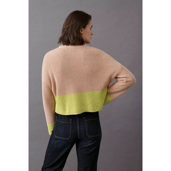 Anthropologie 525 America Sweater XL Chartreuse Colorblock Boxy Knit Pullover - Picture 1 of 9